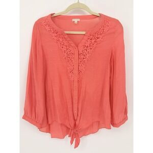 Spense Women's Crochet  V-Neck Button Up Tie Bottom Top Color Coral Size MED